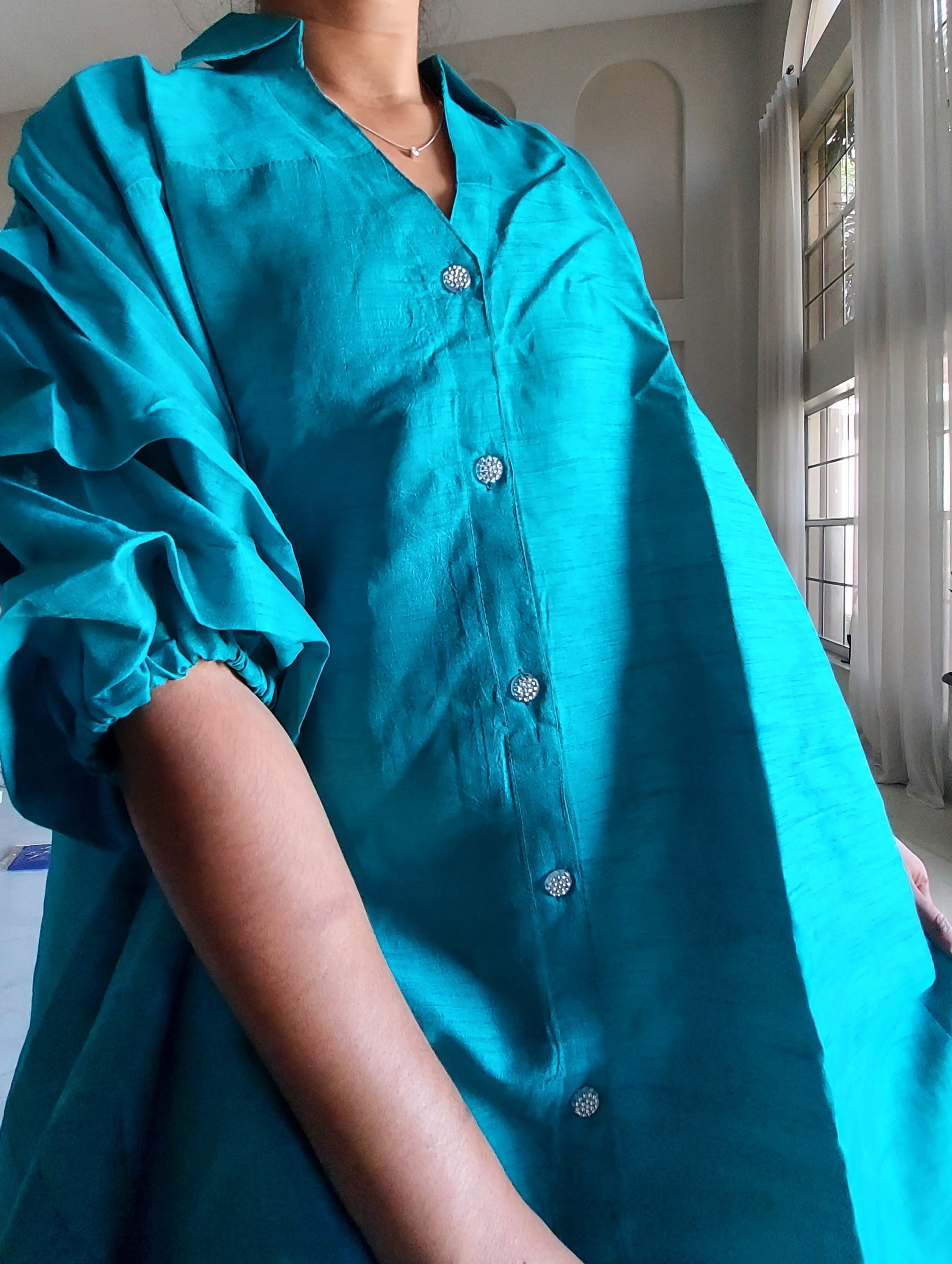 Swing Dress/ Faux Silk/ Ruffle Sleeve - 758 Teal