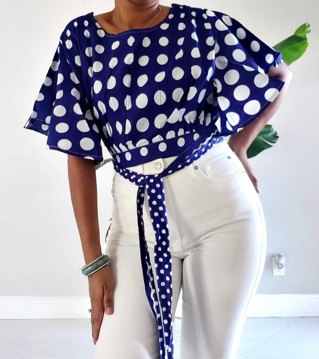 Women Skirt & Crop Top / Polka-Dot/Royal Blue/White