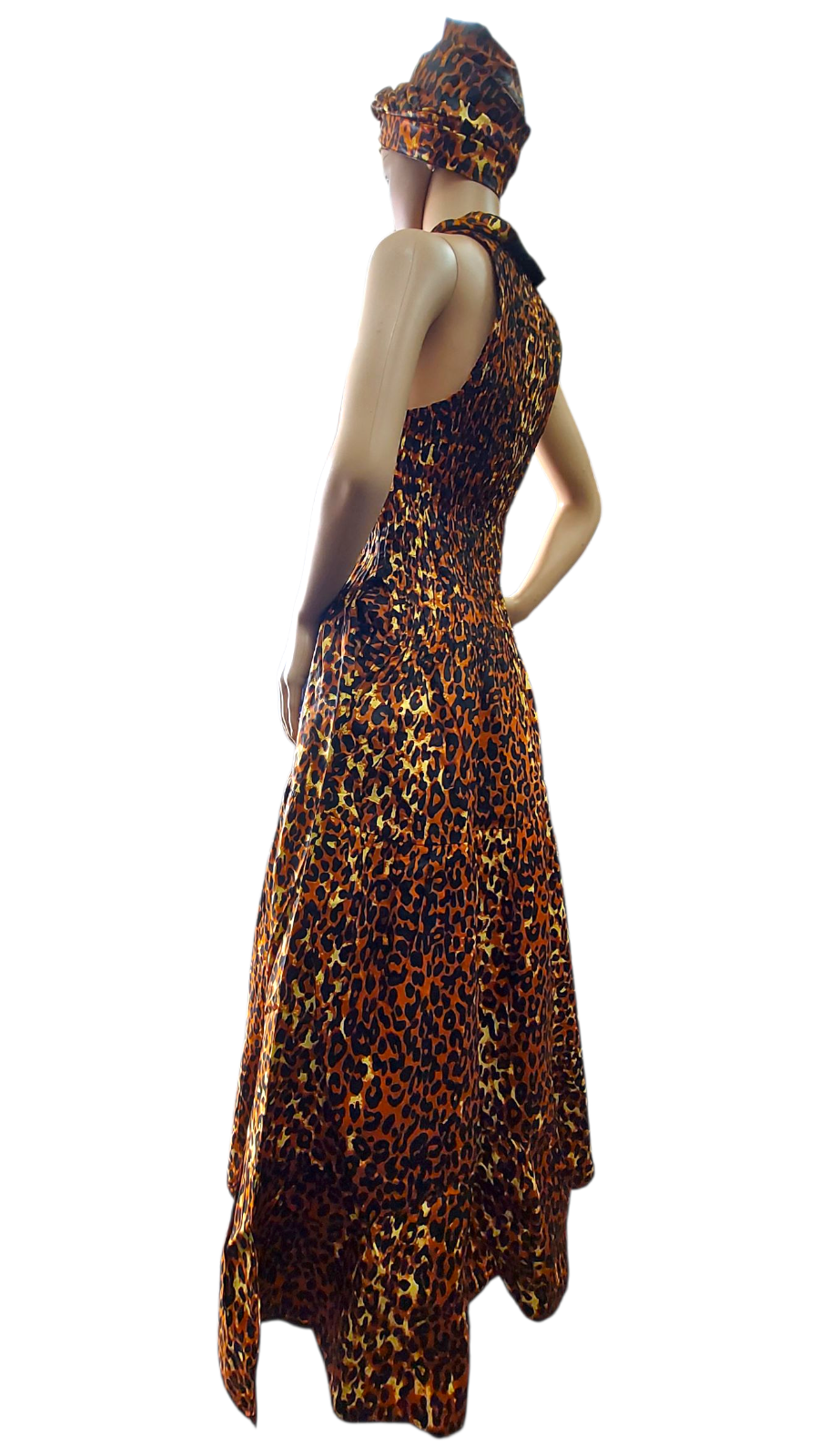 Smocked Halter Dress With Scarf Brown Animal- 3028L