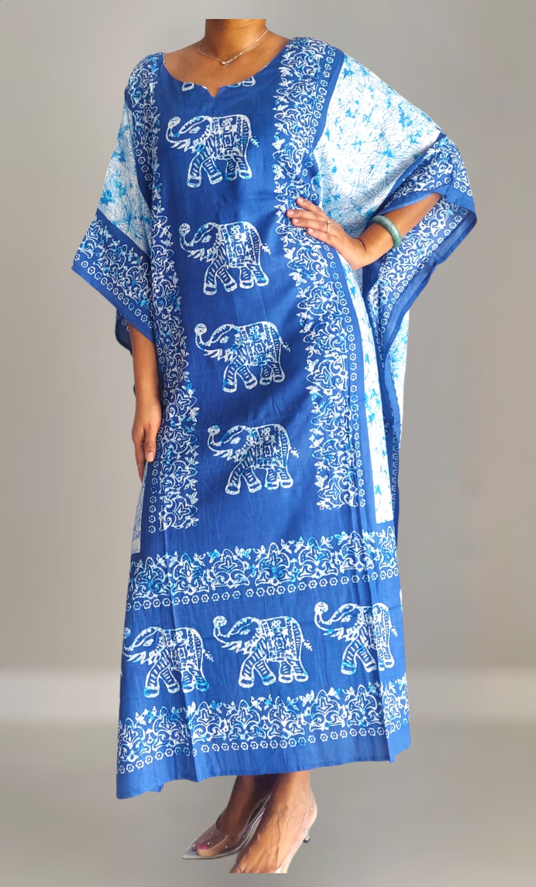 K1000 Women Elephant Print Kaftan Dress - Blue India Batik K1000 Women Elephant Print Kaftan Dress - Blue India Batik