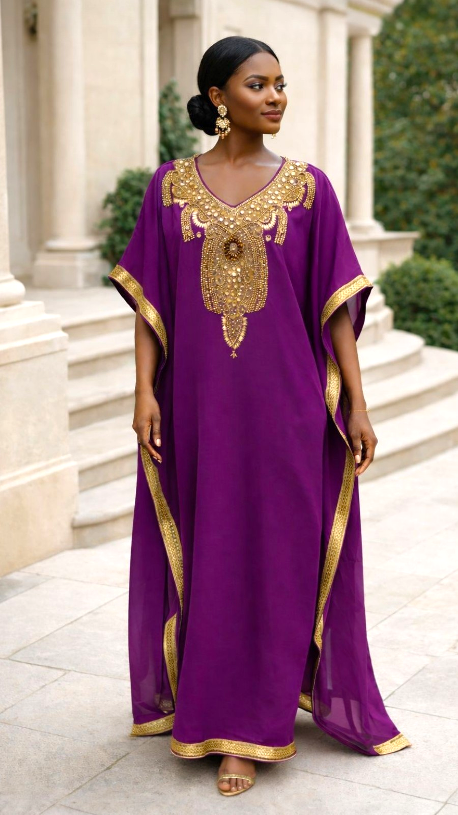 Beaded kaftan Dress With Gold Border - Eggplant