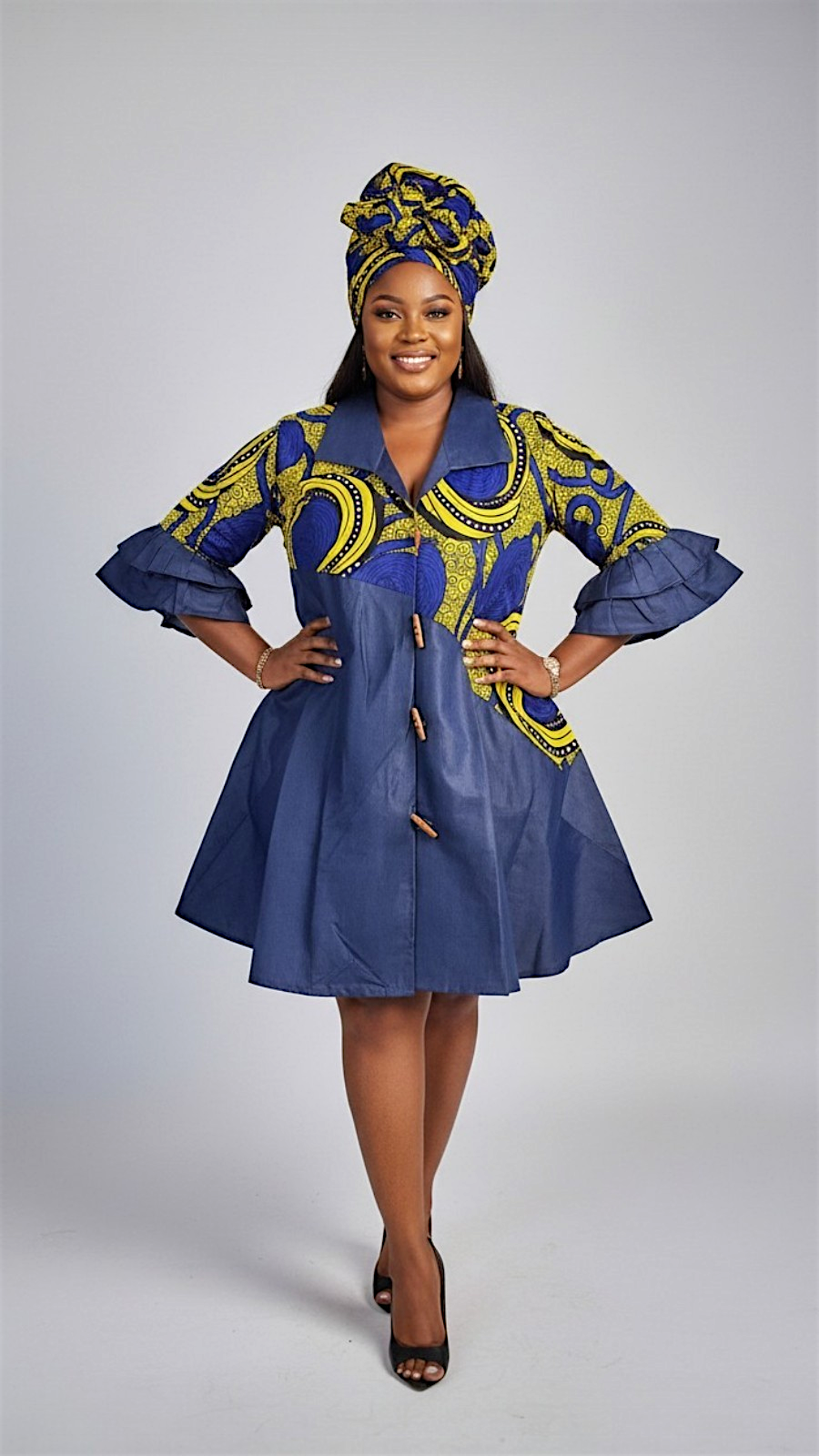 Denim Shirt Dress with Ankara African Print 3139-H