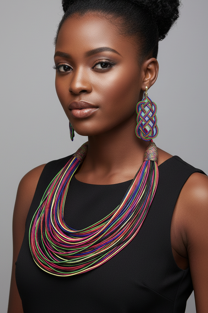 Rope Layered Necklace & Earrings Set Rainbow