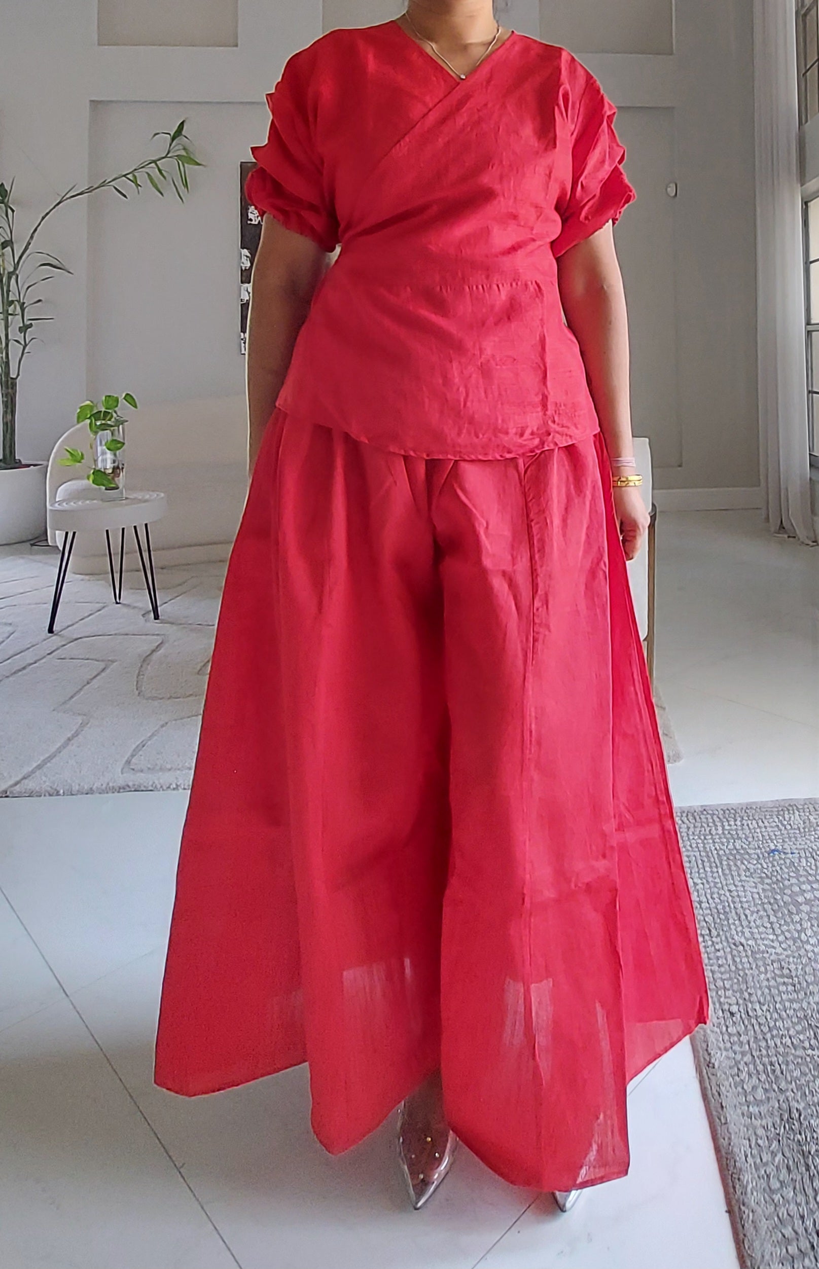 Faux Silk Palazzo Pant Set - Red 4196