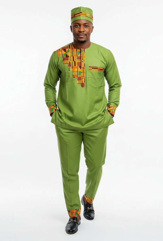 Men’s 3-Piece Traditional Set – Kufi Hat, Tunic Shirt & Long Pant
766 Green