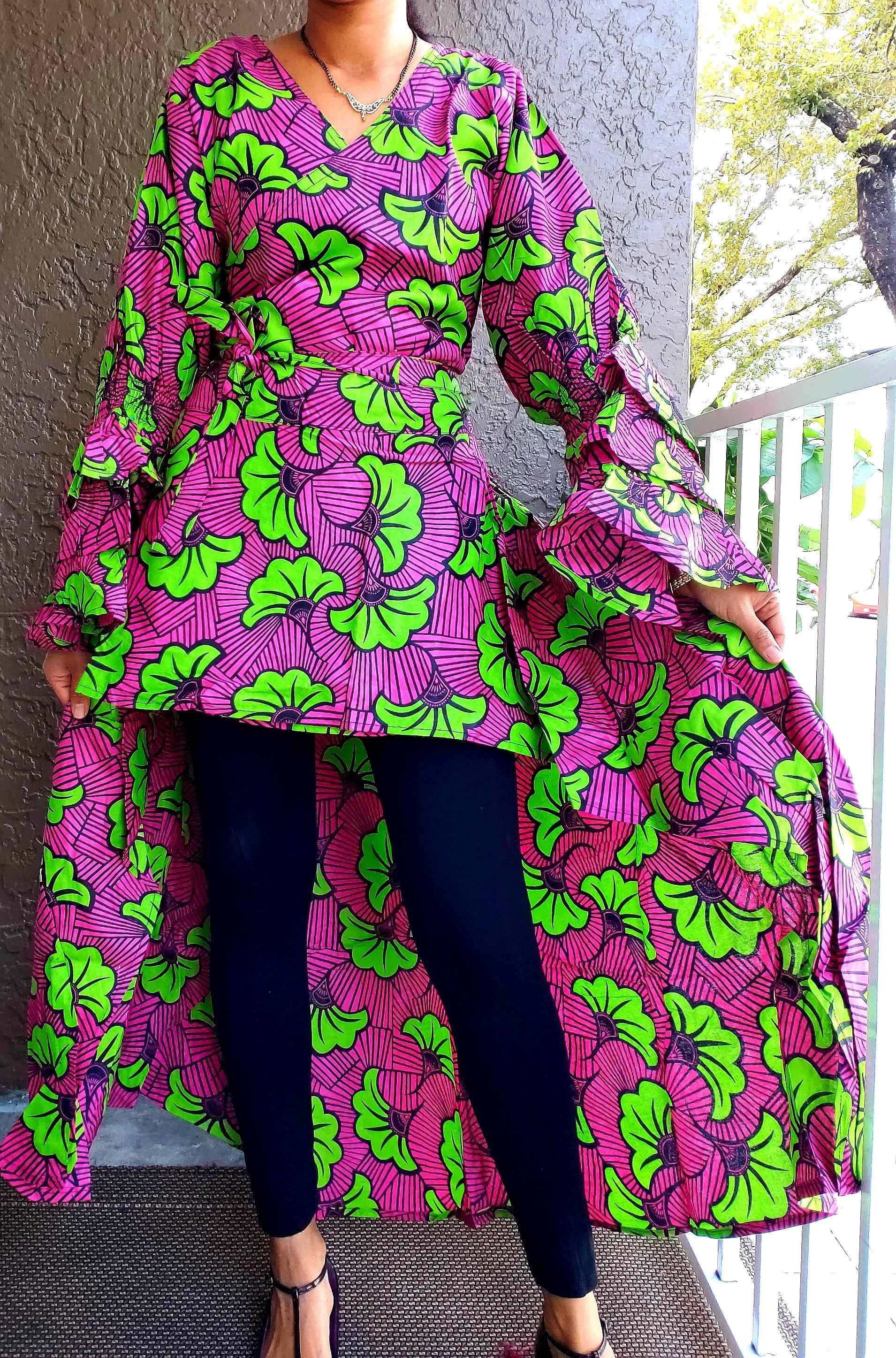 HIGH LOW RUFFLED SLEEVE WRAP BLOUSE/ DRESS