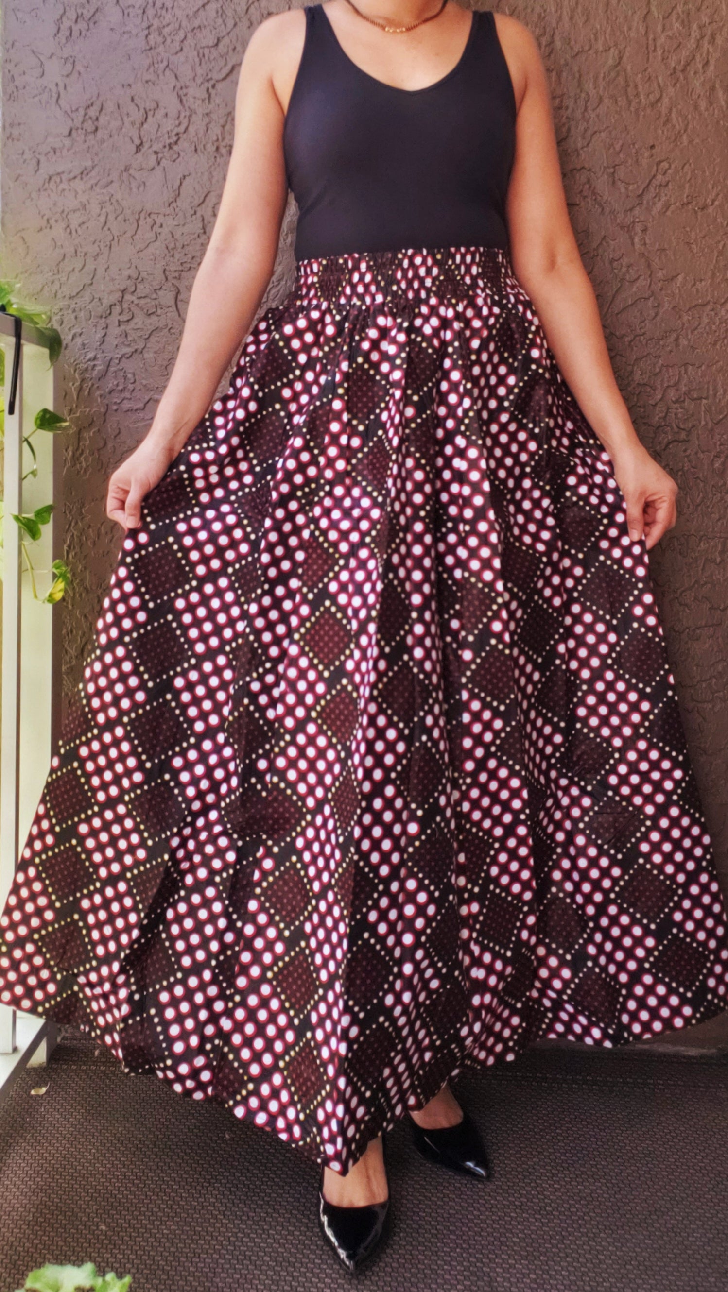 Women Long maxi Skirt-Black/Red/Yellow- 485