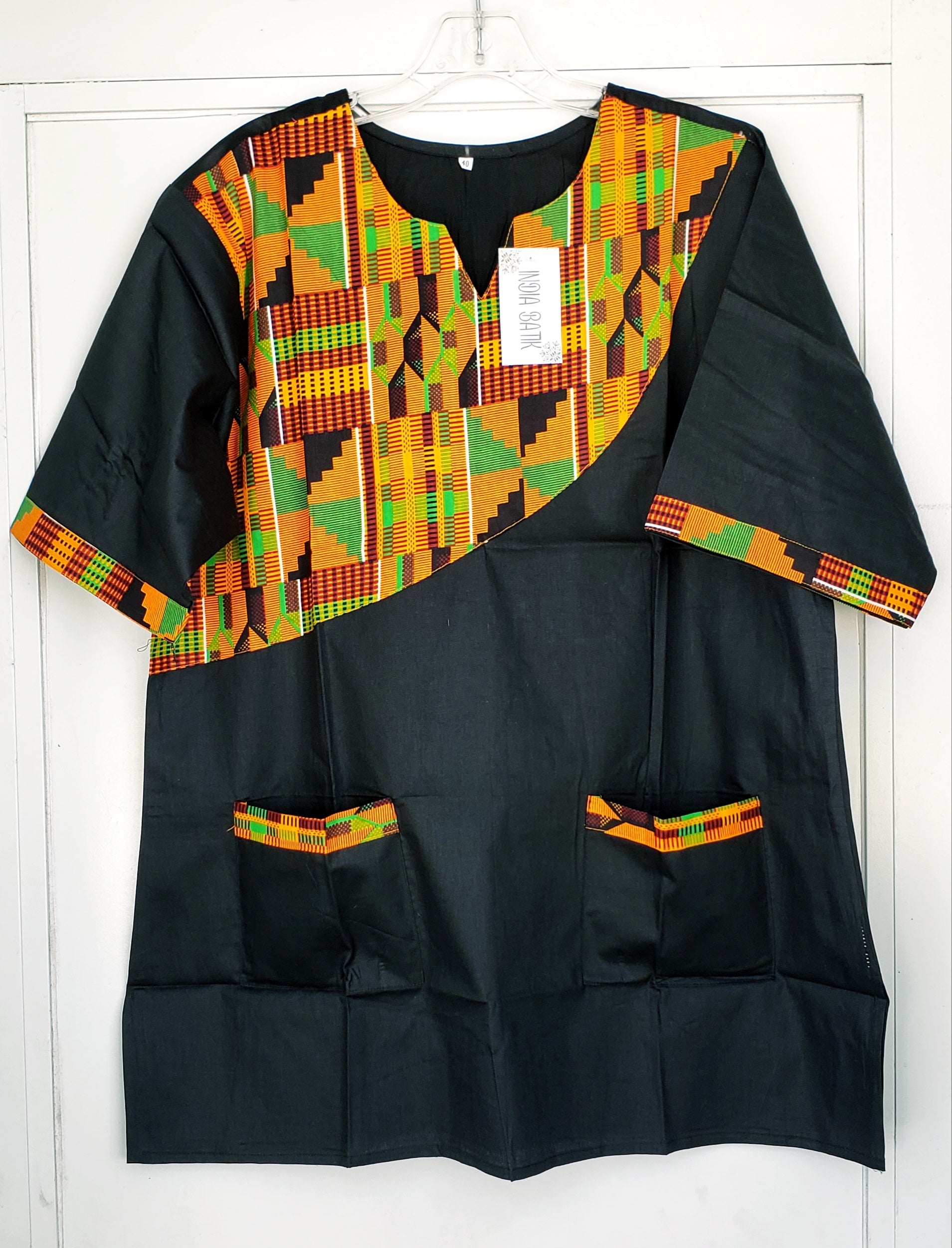 Men Tunic Shirt & Kufi Hat Kente Accent- Black M040