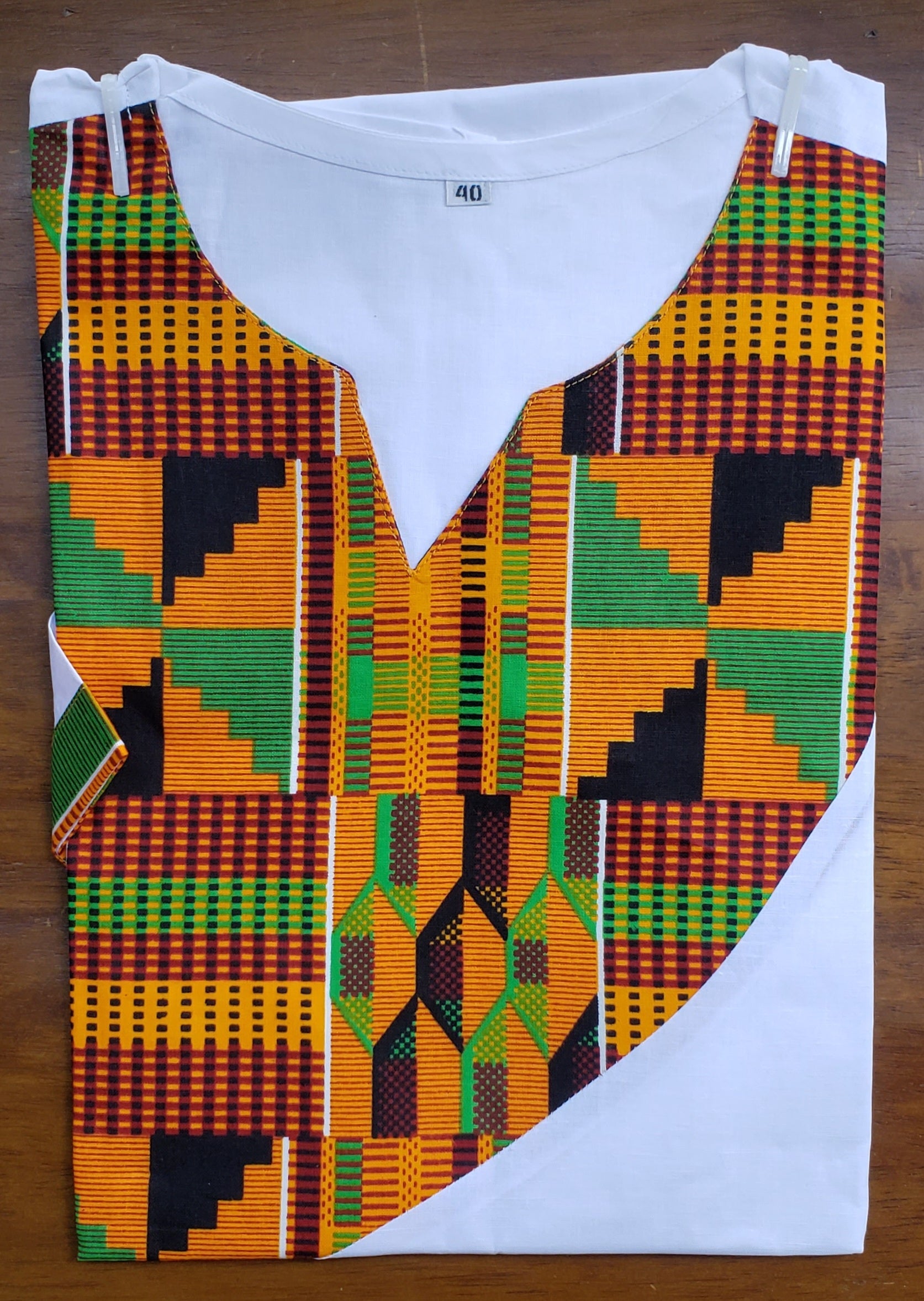 Men Tunic Shirt & Kufi Hat Kente Accent- White M040