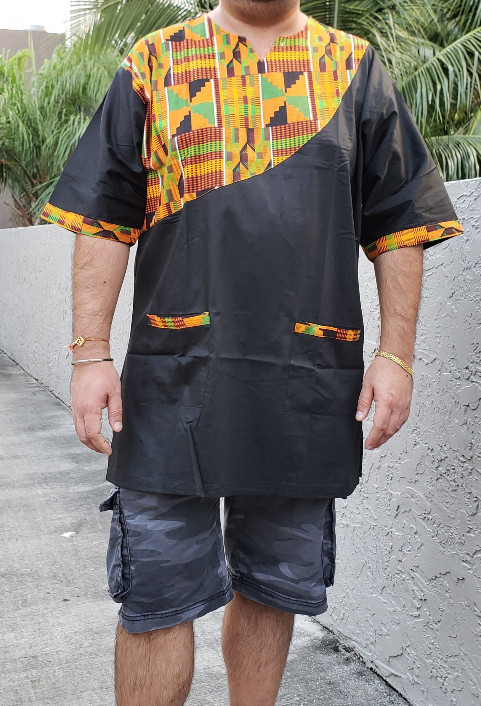 Men Tunic Shirt & Kufi Hat Kente Accent- Black M040