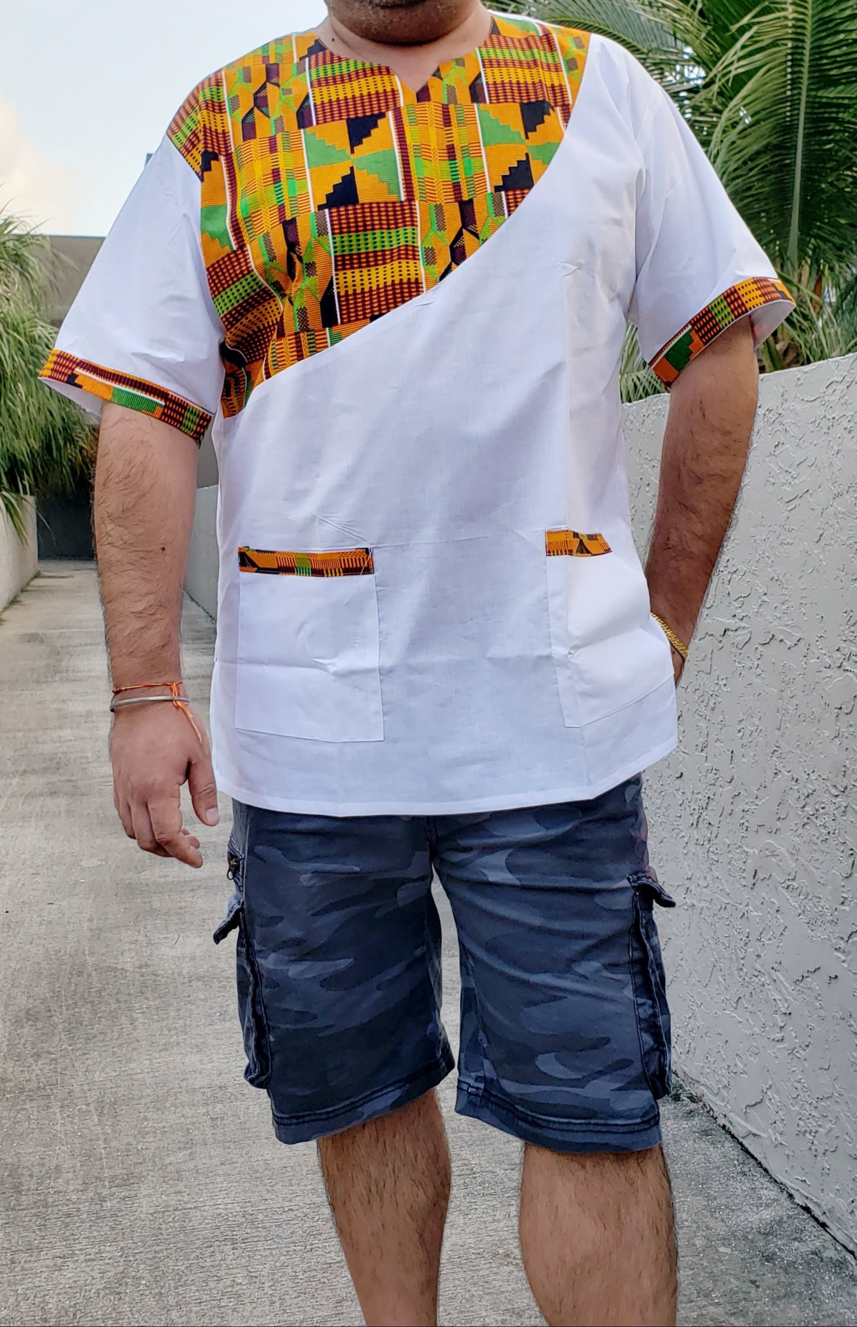 Men Tunic Shirt & Kufi Hat Kente Accent- White M040