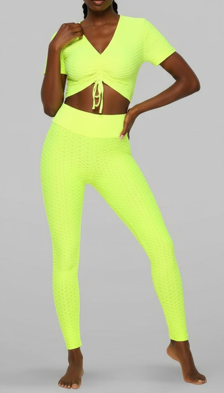 1003-  TikTok BBL Long Legging & Crop Top Set/  Honey Comb Solid