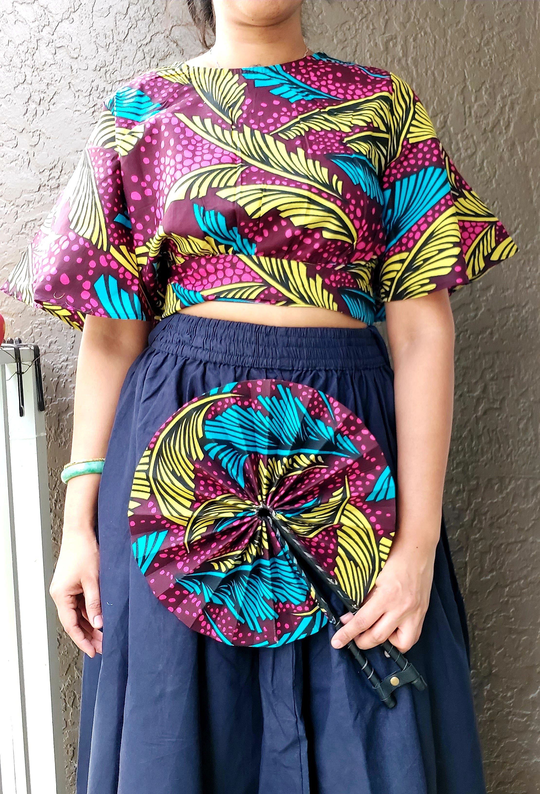 Crop Top/Fan/Skirt / African Print/Maroon