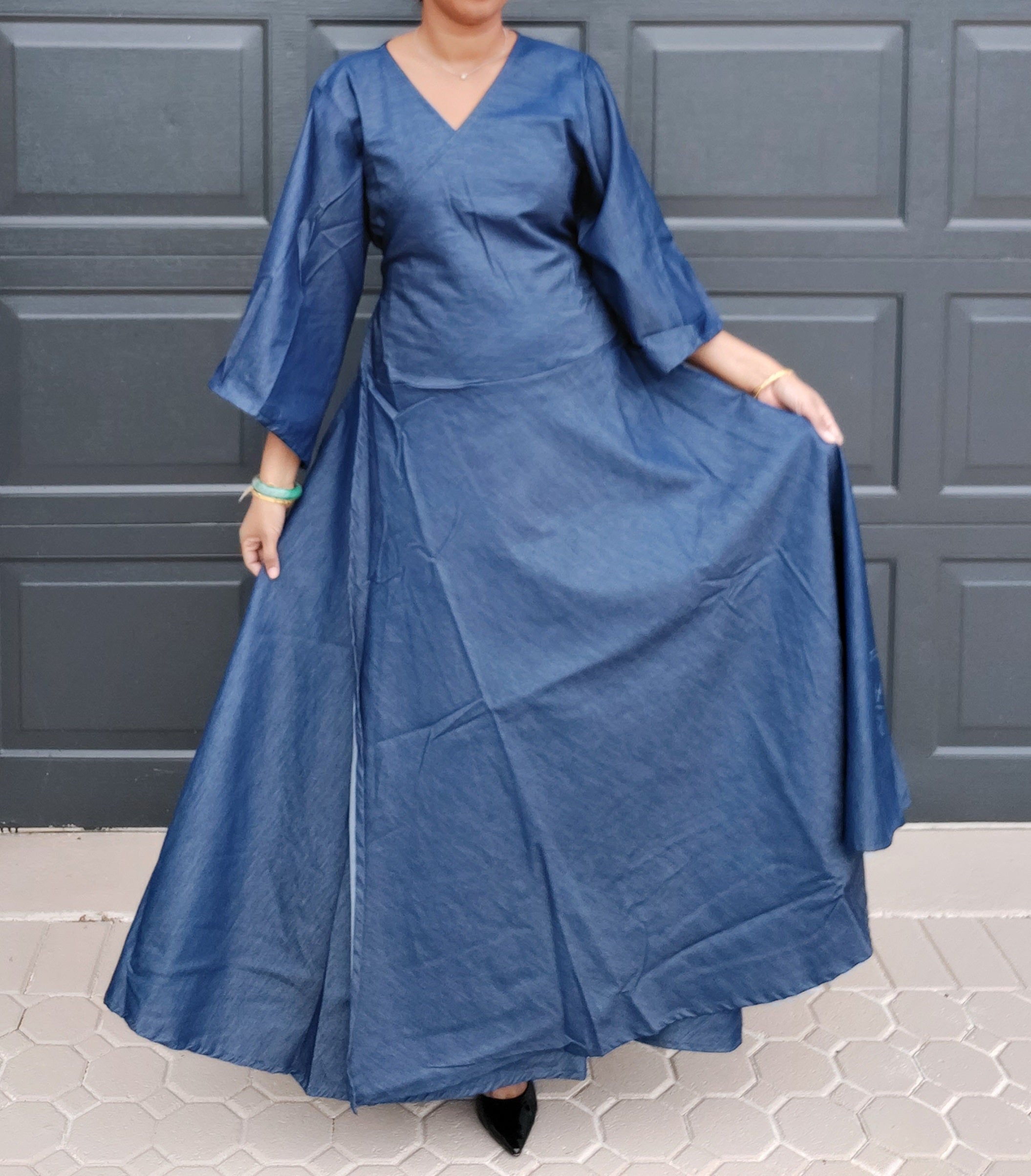 Woman Long Wrap dress with  Mid Length bell sleeves- Indigo Denim