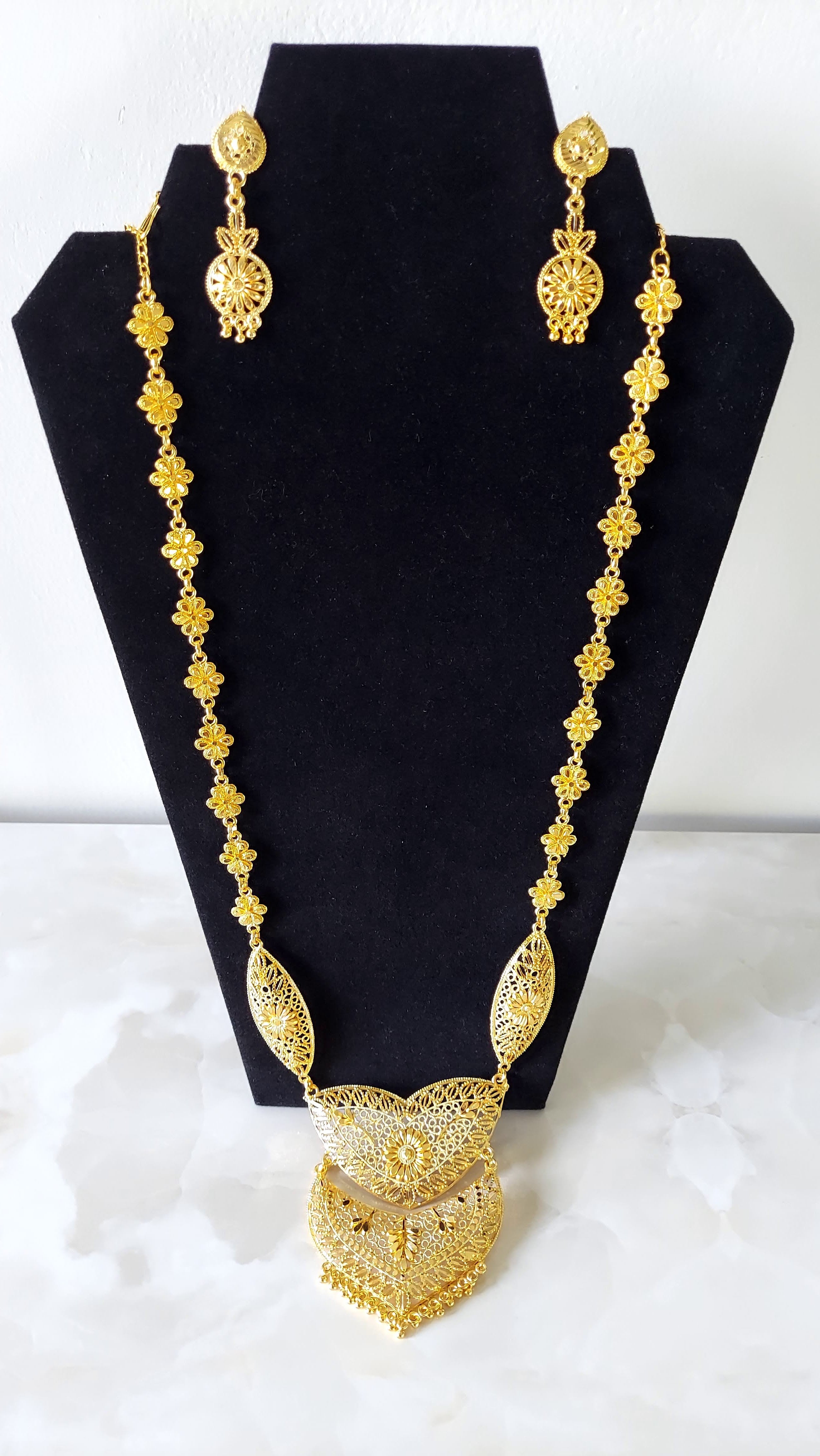 Gold Long Necklace & Earrings Set-1050