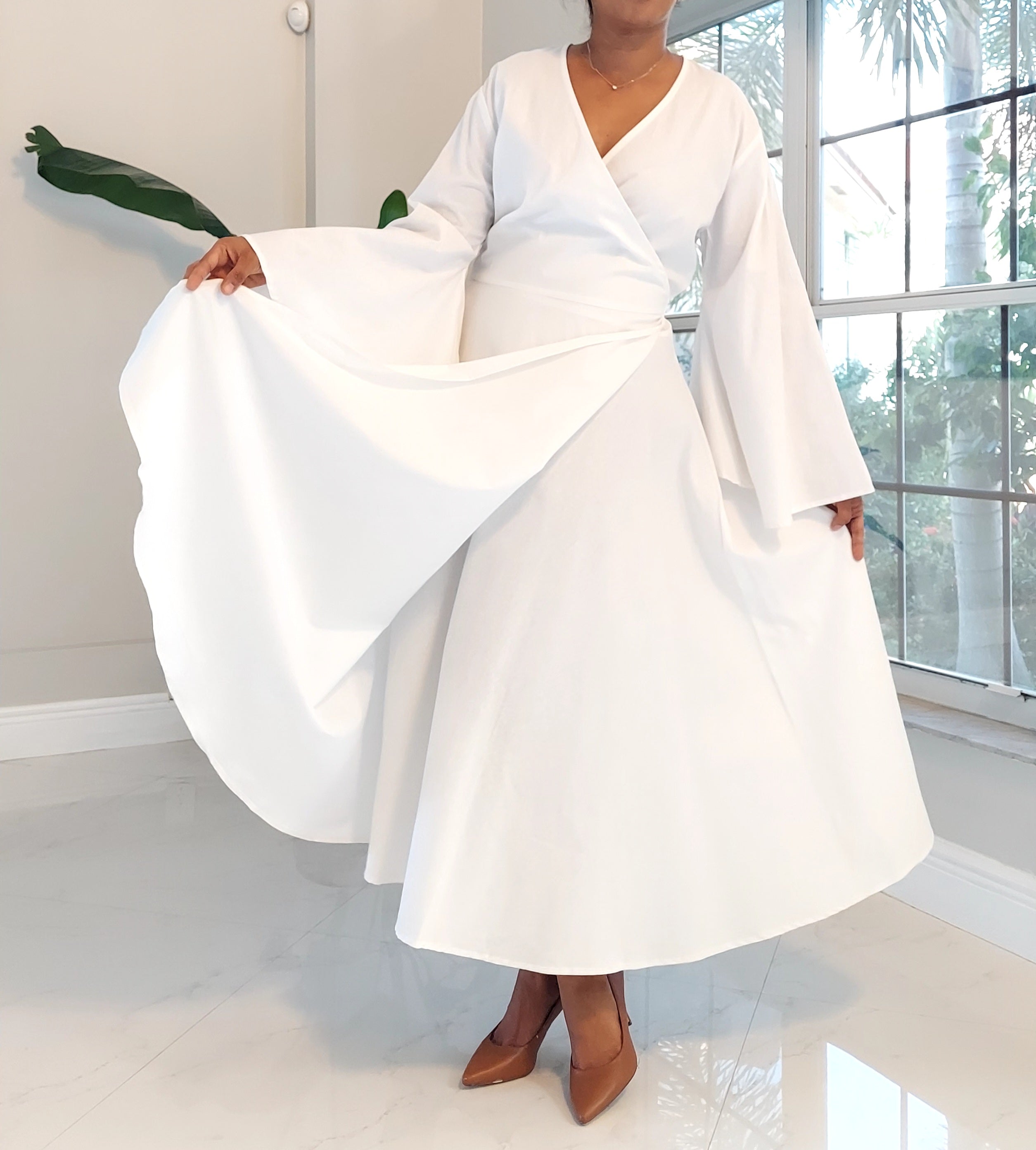 Women Wrap Around Dress/Bell sleeve - 1360 White