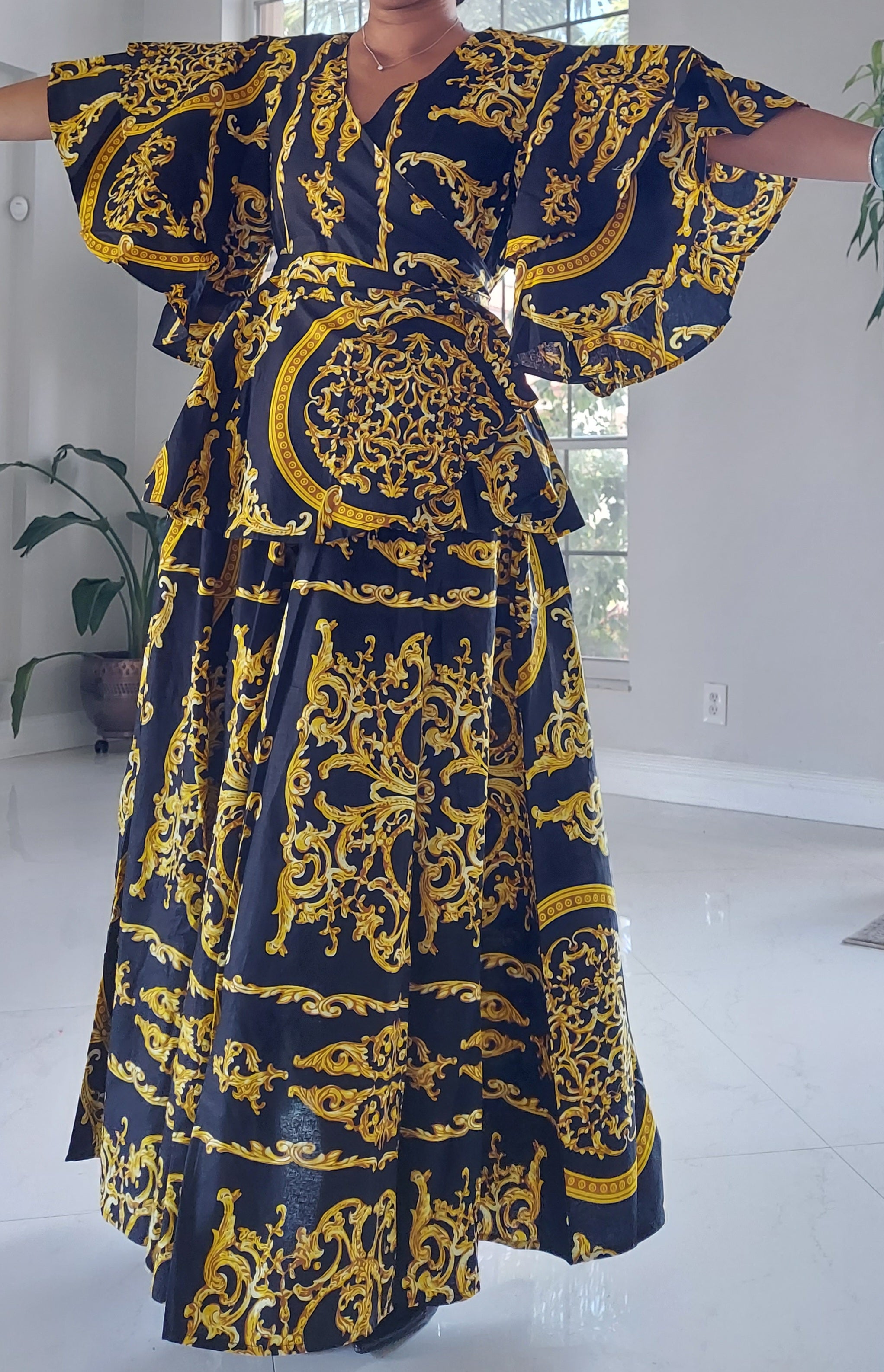 Wrap Blouse & Long Skirt -Black/Gold