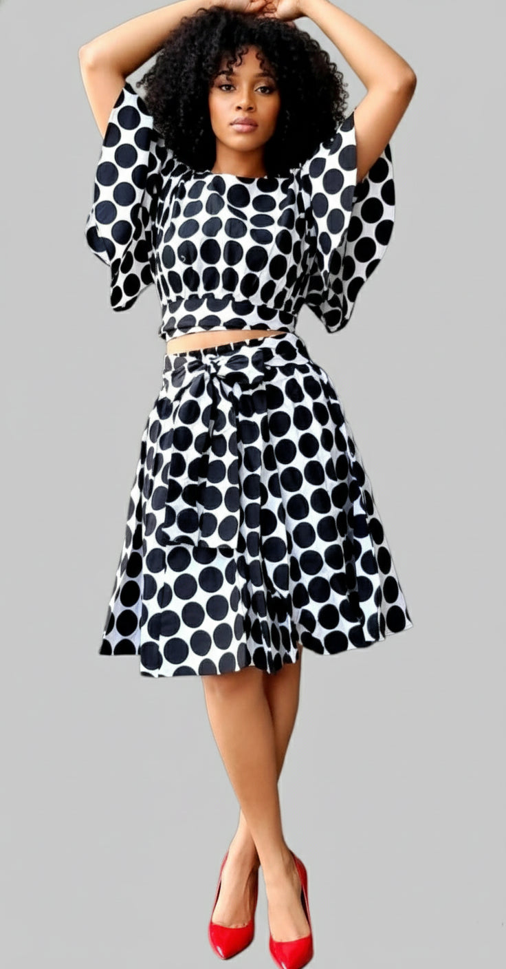 Woman Mid Length Skirt & Crop Top- White/ Black Polkadot
