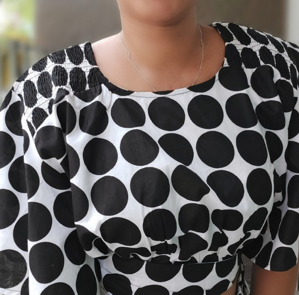 Woman Mid Length Skirt & Crop Top- White/ Black Polkadot