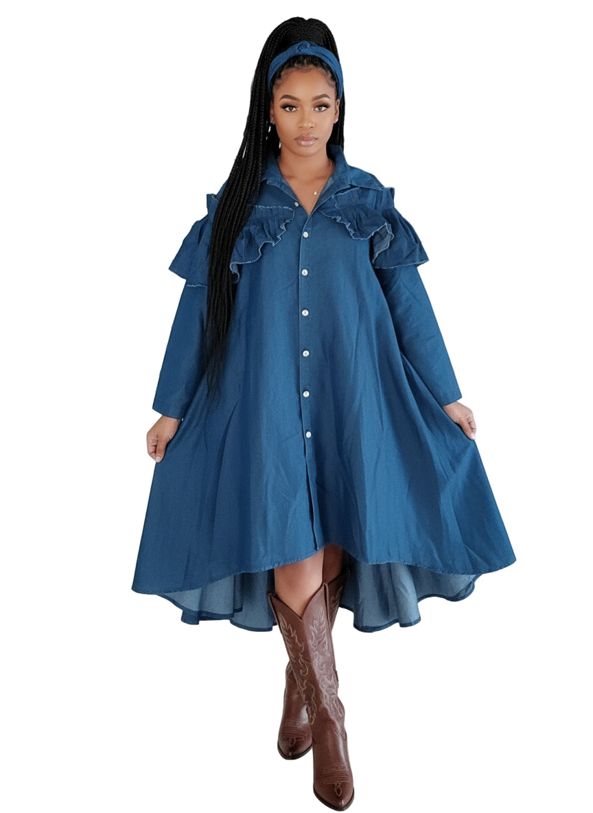 Swing Dress With Fringe - Blue Denim