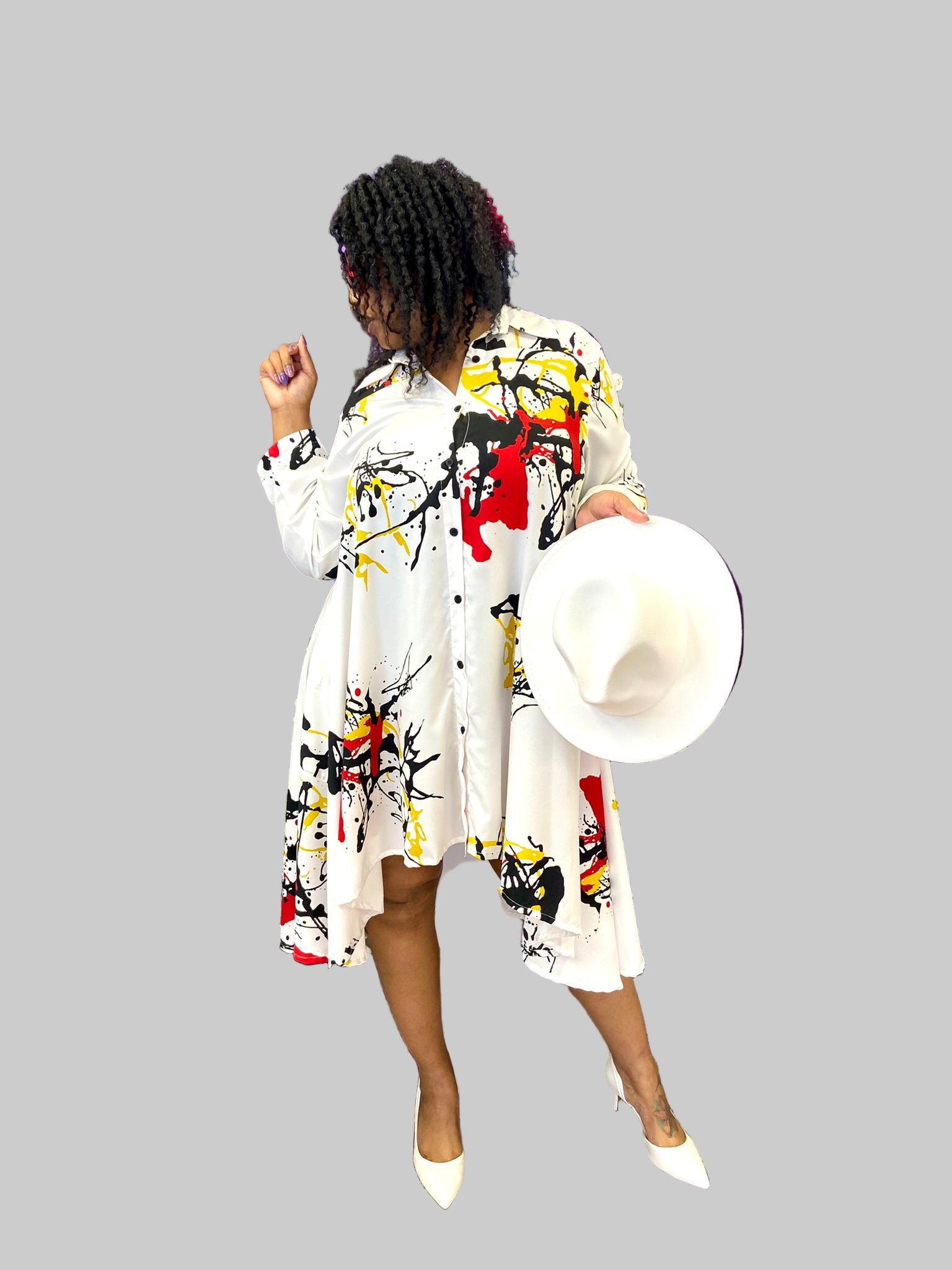 Swing Dress/ Printed Hi/Lo Shirt Dress /White-20666