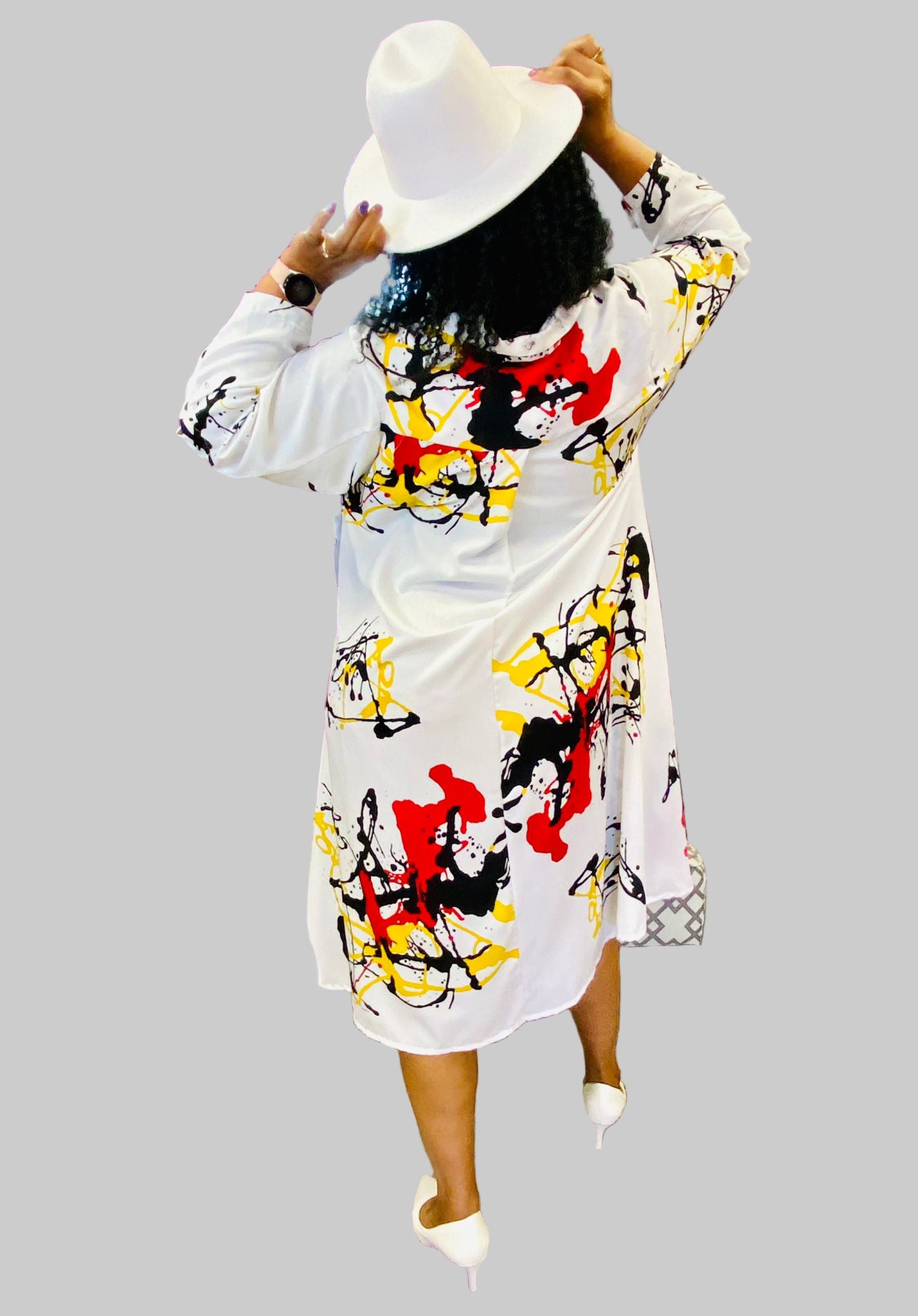 Swing Dress/ Printed Hi/Lo Shirt Dress /White-20666