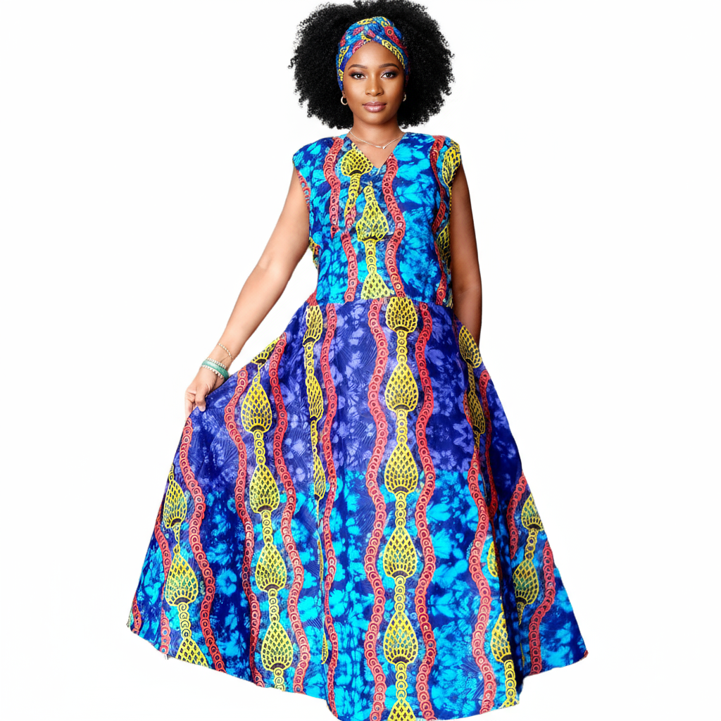 1045-Sleeveless Wrap Dress-Blue Multi A