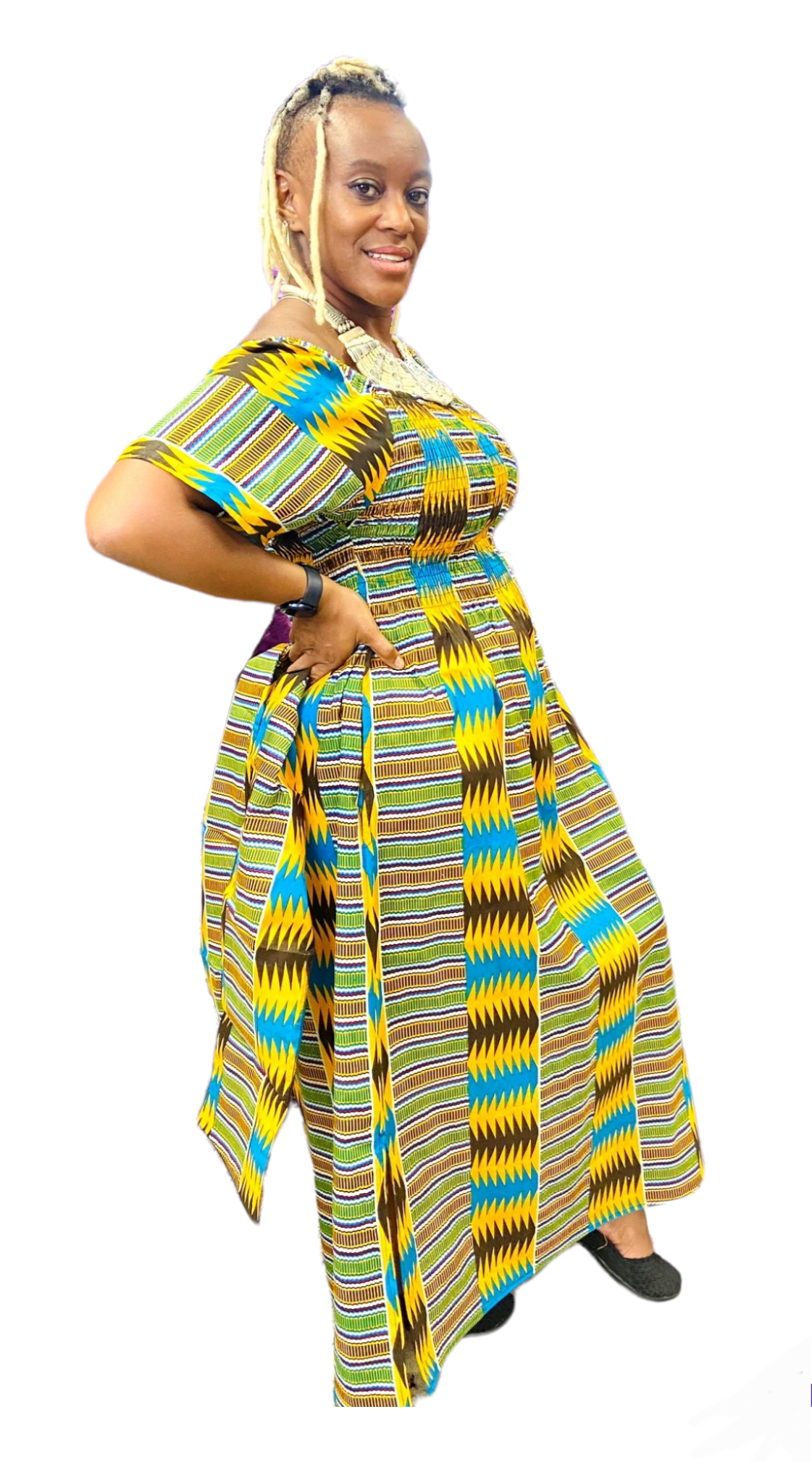807 -Long Kente Maxi Dress- Green/Turquoise