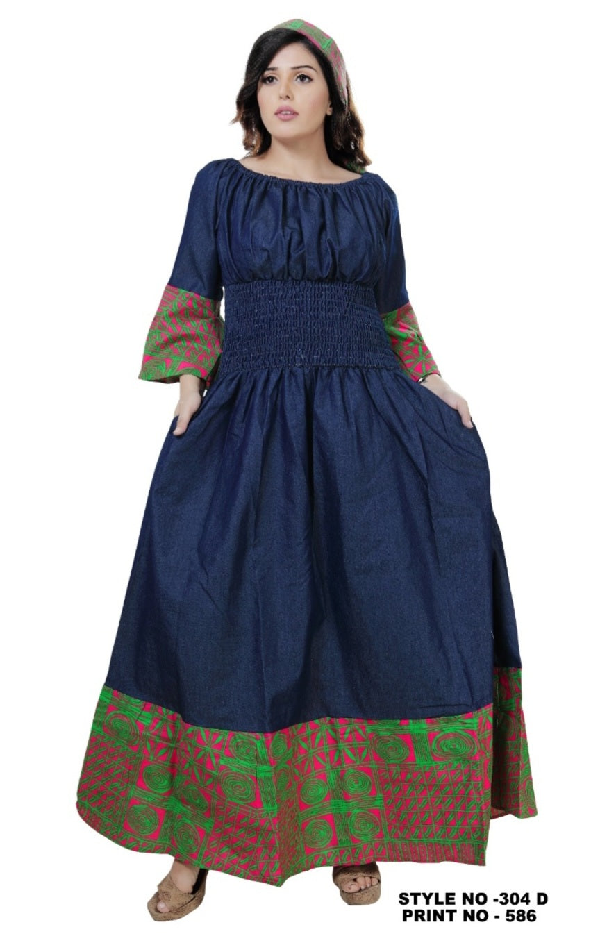 304  Smock Waist Denim Dress/ Polkadot Border